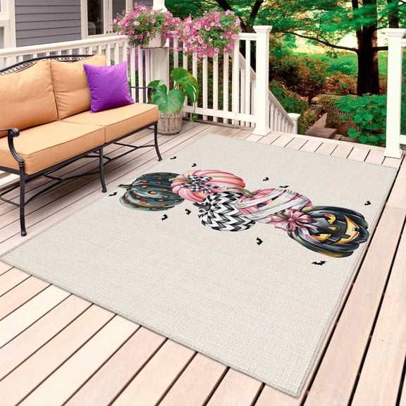 Halloween Pink Pumpkins Outdoor Rug for Patio/Deck/Porch, Non-Slip Large Area Rug 3 x 5 Ft, Fall Evil Bat Vintage Indoor Outdoor Rugs Washable Area Rugs, Reversible Camping Rug Carpet Runner