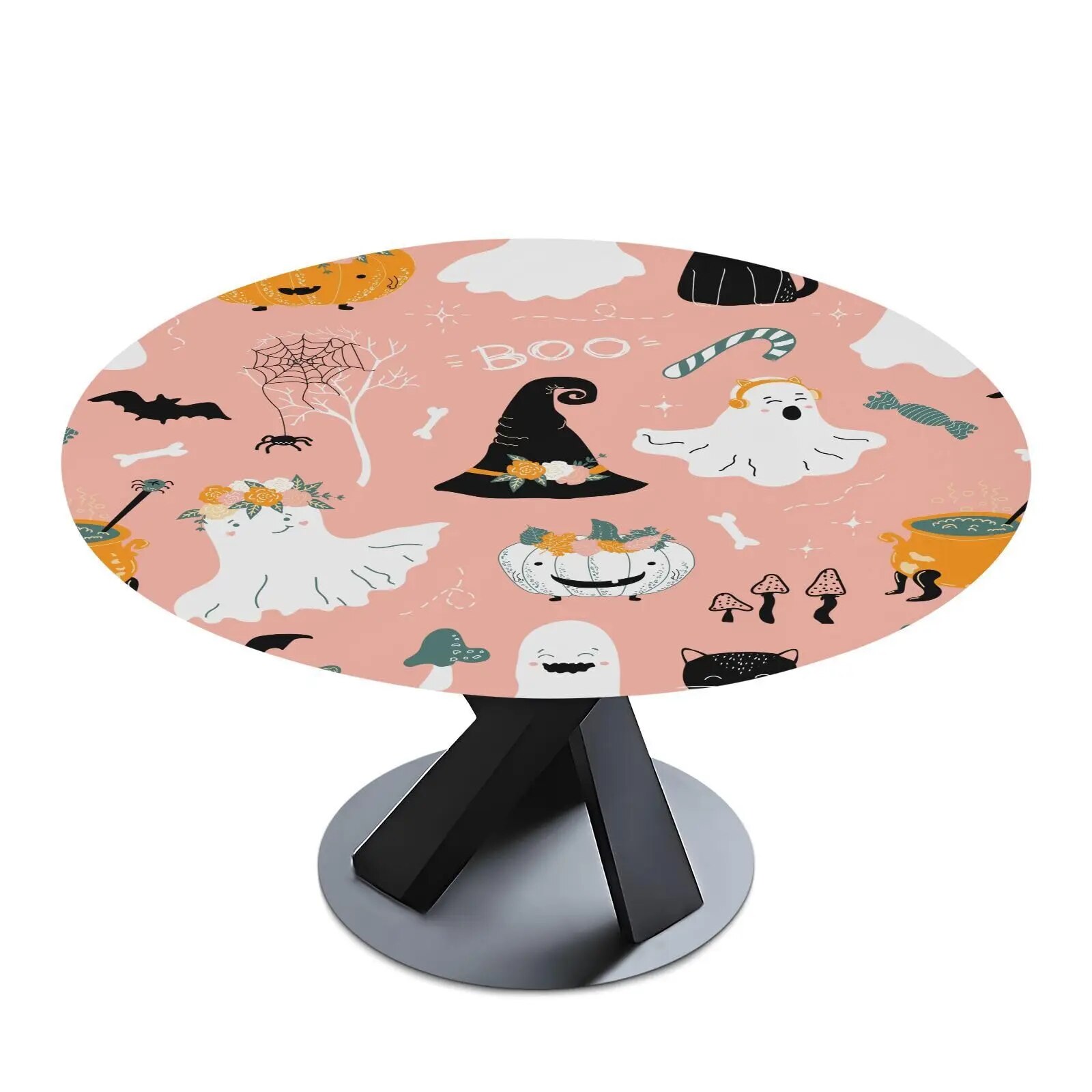 Halloween Pink Round Tablecloth Fitted Elastic Waterproof Table Cloth