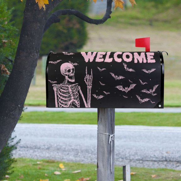 Halloween Pink Skeleton Bats Greeting Magnetic Mailbox Cover Rust Protection Yard Decor 20.7" x 18.03"