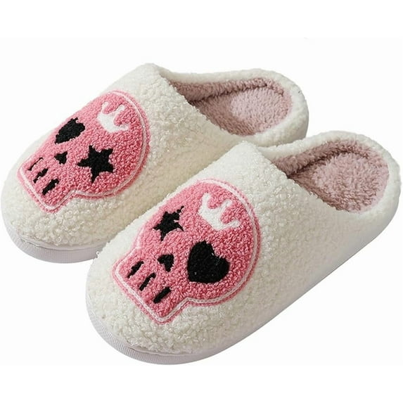 Halloween Pink Skull Slippers for Women Men,Cute Cartoon Lovely Plush Fluffy Non-Slip House Slippers Indoor Outdoor Shoes Holiday Gifts Size 7