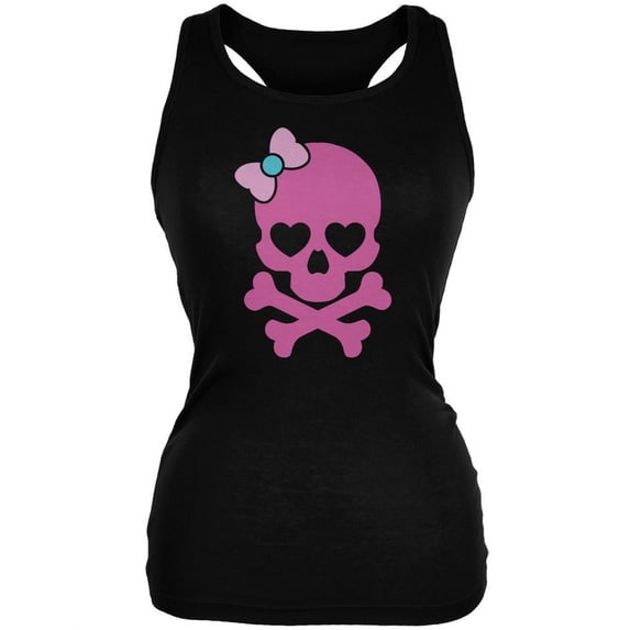 Halloween Pink Skull and Bow Black Juniors Soft Tank Top - Large
