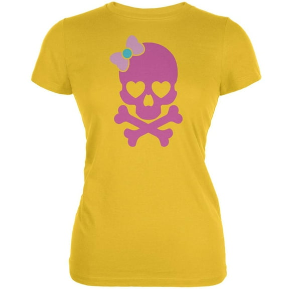 Halloween Pink Skull and Bow Bright Yellow Juniors Soft T-Shirt - Medium