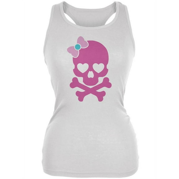 Halloween Pink Skull and Bow White Juniors Soft Tank Top - Medium