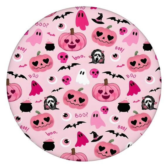 Halloween Pink Spooky Hearts and Ghosts Round Fitted Tablecloth with Elastic Edge,Dining Table Cover Waterproof,Outdoor Round Tablecloth for Camping,Dining,Indoor and Outdoor