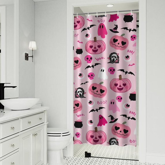 Halloween Pink Spooky Hearts and Ghosts Shower Curtain 36"x72" ,Bathroom Decorative Shower Curtains Set with 12 Hooks,Modern Waterproof Washable Shower Curtain