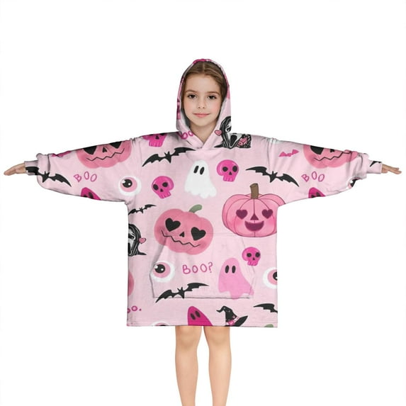 Halloween Pink Spooky Hearts and Ghosts Blanket Hoodies for Kids 6-13YR Oversize Wearable Blanket Hoodies for Boys Girls Teens