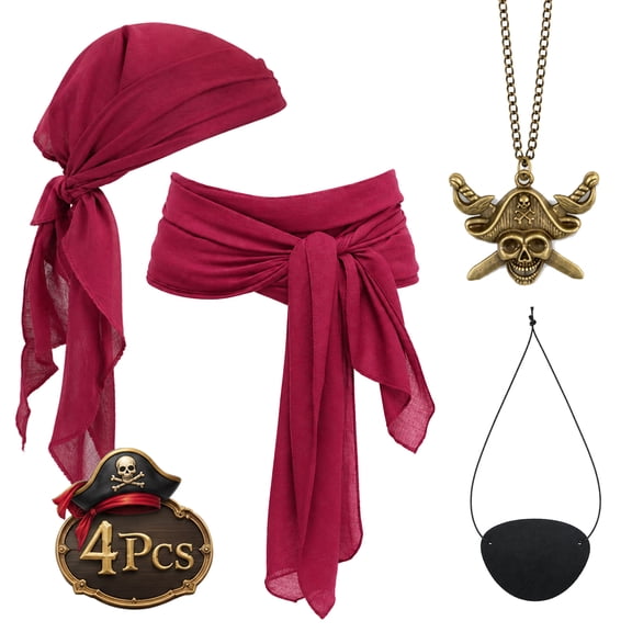 Halloween Pirate Costume Accessories Pirate Head Scarf Sash Belt Medieval Costume Eye Patch Coin Pendant Pirate Clothes for Women and Men 4Pcs Wine Red