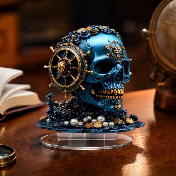 Halloween Pirate Decor Skull Stand Ornament Nautical Table Decor Flat Panel Build and Stable Round Base Design for Halloween Party Study Room and Bar Display