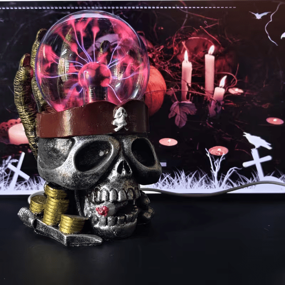 Halloween Pirate Skull Lightning Plasma Ball (Touch-Activated) Suitable for parties, dcor, bedrooms, and home use; an ideal gift for Halloween, Christmas, or Valentine's Day.