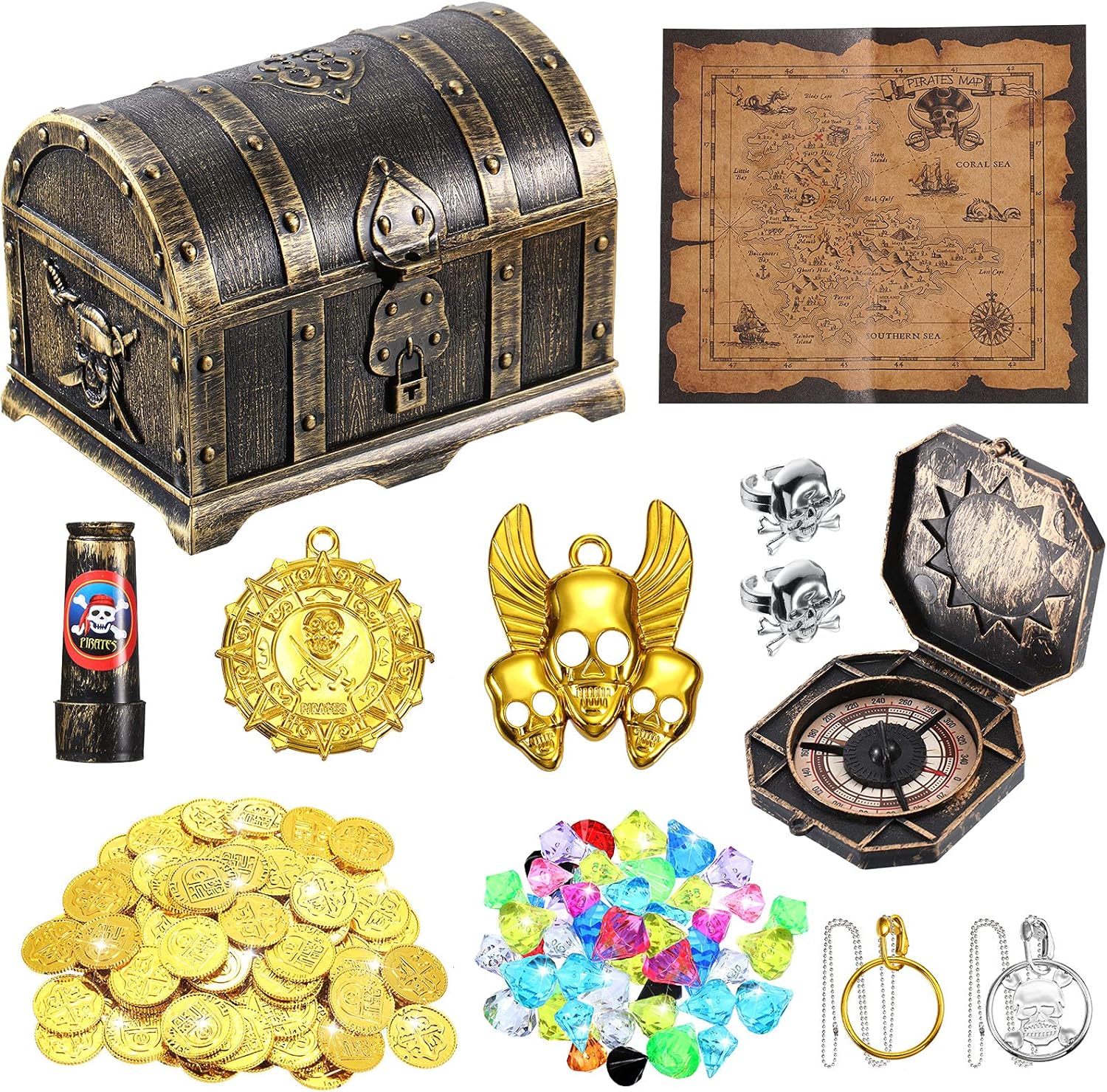 Halloween Pirate Treasure Chest Toy Box Set Large Storage Box with Gold Coins and More