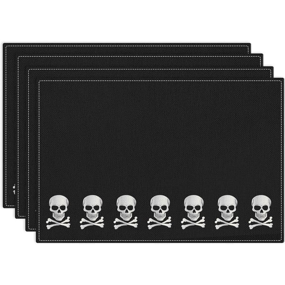Halloween Pirate World Skull Placemats Set of 4, 12x18 Inch Skeleton Patriotic Country Table Mat, Non-Slip and Washable Linen Place Mat for Home Party Decoration