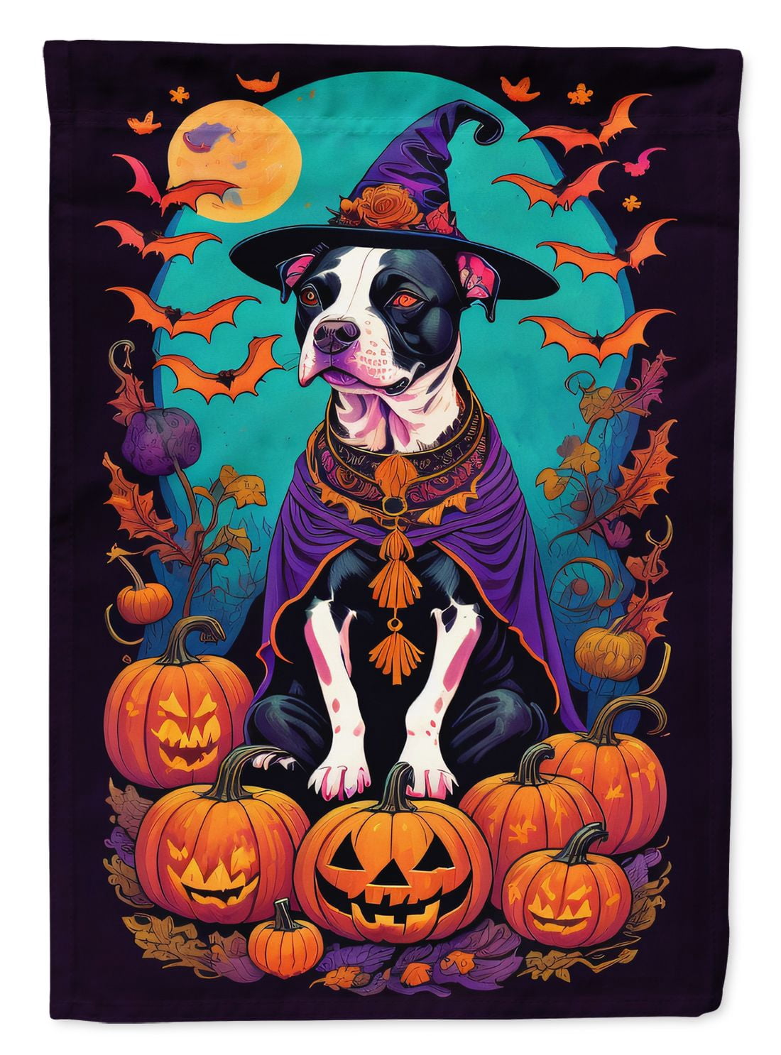 Halloween Pit Bull Terrier Dog House Flag 28x40IN Double-Sided Polyester Decorative Sleeve Pole Flag for Outdoor Home Garden