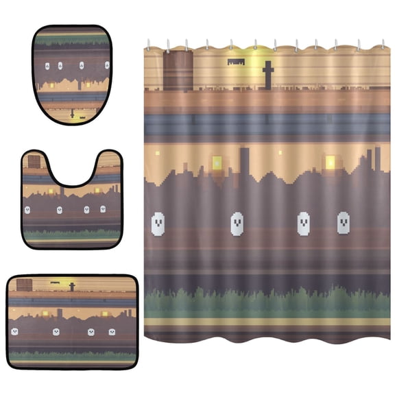 Halloween Pixel Art Bathroom Accessory Curtain Sets Bath Curtain Anti-Slip Mats and Toilet Pad 66x72in