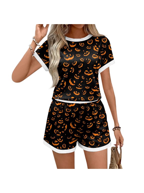 Halloween Pj Set 2 Piece Short Sets for Women Halloween Womens Pajamas Matching Halloween Pajamas Women's Halloween Pajamas Halloween Pajamas Women Pumpkin Top, Black, S