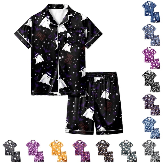 Halloween Pjs Girls 2 Piece Soft Silky Comfortabl Pajamas Short Sleeve Button-Down Top and Elastic Shorts