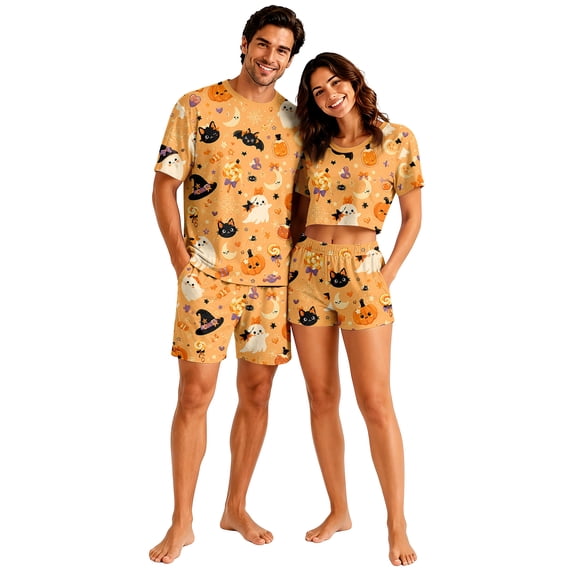 Halloween Pjs, Halloween Couple Matching Pajamas Set, Spooky Cute Black Cat Ghost Pumpkin Print Crop Top & Shorts, Summer Loungewear, Soft Cozy Fun Holiday Nightwear for Parties & Gatherings, L