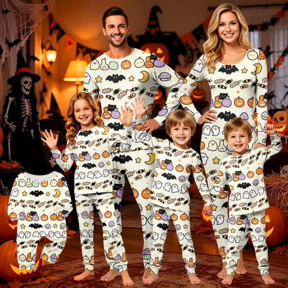 Halloween Pjs, Halloween Family Matching Pajamas Set, Cute White Ghost Bat Pumpkin Candy Long Sleeve Sleepwear, Graphic Loungewear, Soft Cozy Fun Holiday Nightwear for Parties & Gatherings, 12 M