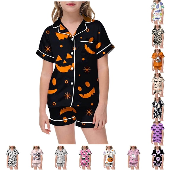 Halloween Pjs Kids 2 Piece Breathable Silky Soft Pajamas Short Sleeve Button Down Top and Elastic Shorts