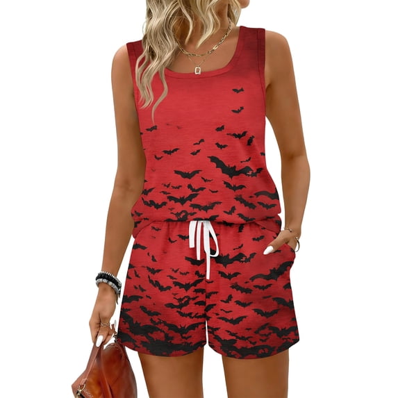 Halloween Pjs Matching Halloween Pajamas 2 Piece Short Sets for Women Womens Lounge Set Women's Halloween Pajamas Sleeveless Halloween Pajamas Set Funny PJS Pant Matching, Red, S