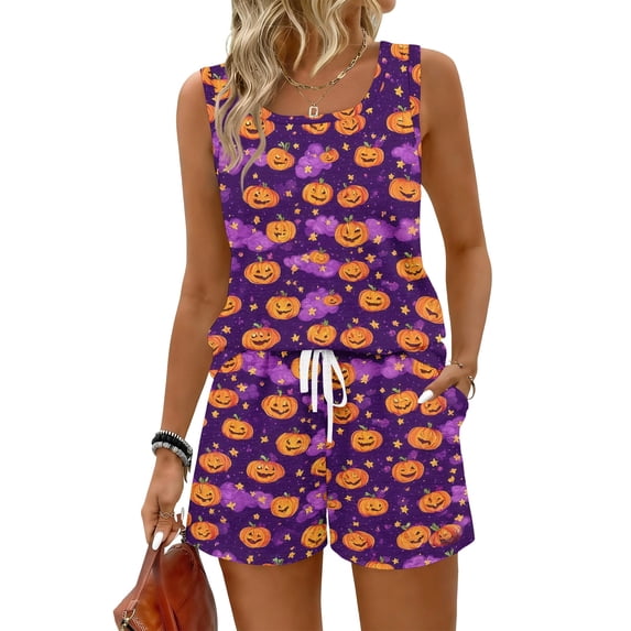 Halloween Pjs Matching Halloween Pajamas 2 Piece Short Sets for Women Womens Lounge Set Women's Halloween Pajamas Sleeveless Halloween Pajamas Set Funny PJS Pant Matching, Dark Purple, S