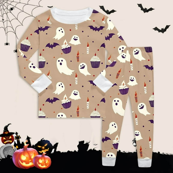 Halloween Pjs Set Pumpkin Ghost Bat Print Boys Pajamas Set Long Sleeve Crewneck Pullover Top Shirts and Pants Set Kids Girls Pajamas Size 4-5 Years