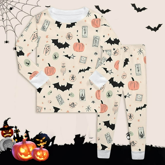 Halloween Pjs Set Pumpkin Ghost Bat Print Girls Pajamas Set Crewneck Soft Comfort Long Sleeve Top Shirts Pants Set Kids Girls Outfits Size 6-7 Years