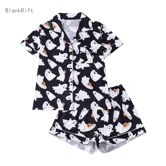 Halloween Pjs Set for Women Smooth Cute Print Collar Short Sleeve Button Up Nightwear and Shorts Lightweight 2 Piece Home Wear Set Relaxed Fit Cute Lounge Sets