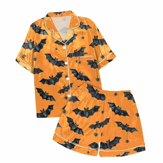 Womens Halloween Pajamas 2 Piece Nightwear Ghost Graphic Unlined Cushiony Thin Button Short Sleeve Shirts And Shorts Relaxed Fit Cute Pajamas for Women