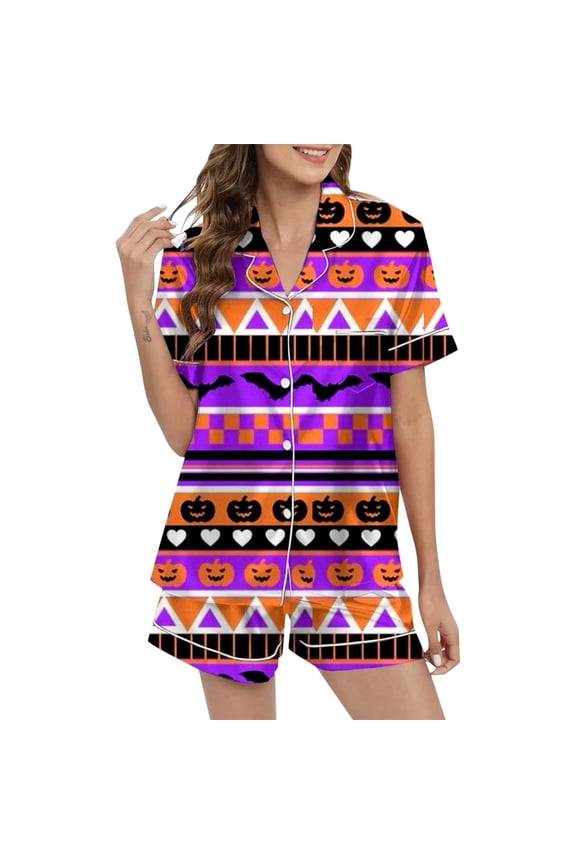 Halloween Pjs Set for Women 2 Piece Pj Set Ghost Graphic Button Down Soft Breathable Sleepwear with Shorts Easy Fit Womens Pjs Sets
