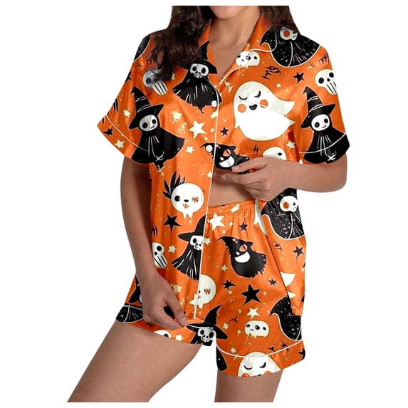 Halloween Pjs Women 2 Pcs Silk Pjs Women Bat Skeleton Printed Button Up Pajamas For Women Short Sets Lounge Sets Women'S Pajamas Sleep & Lounge