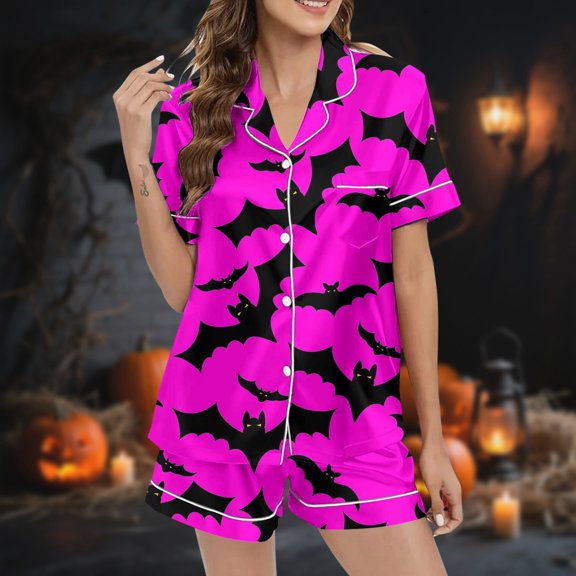 Halloween Pjs Women 2 Pcs Silk Pjs Women Halloween Printed Button Down Womens Pajamas Shorts Set Lounge Sets For Women Women'S Pajamas Sleep & Lounge