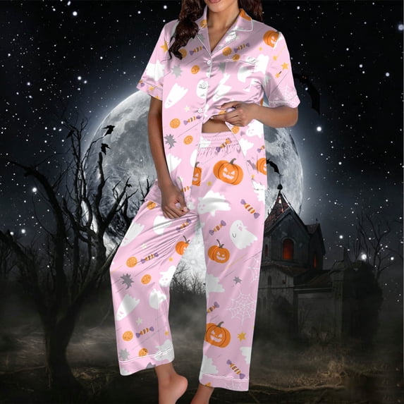 Halloween Pjs Women Ladies Halloween Pattern Sleepwear Short Sleeve Top with Pants Soft Home Outfit Pajama Set Women Pink M