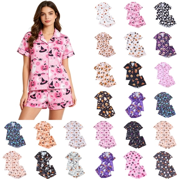 Halloween Pjs Women Satin Pajamas Sets Ghost Pumpkin Print Loungewear Button Up Short Sleeve Sleepwear 2 Piece Silk Pjs Shorts Set