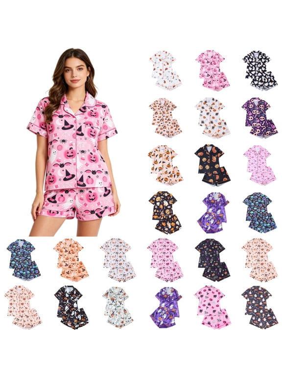 Halloween Pjs Women Satin Pajamas Sets Ghost Pumpkin Print Loungewear Button Up Short Sleeve Sleepwear 2 Piece Silk Pjs Shorts Set