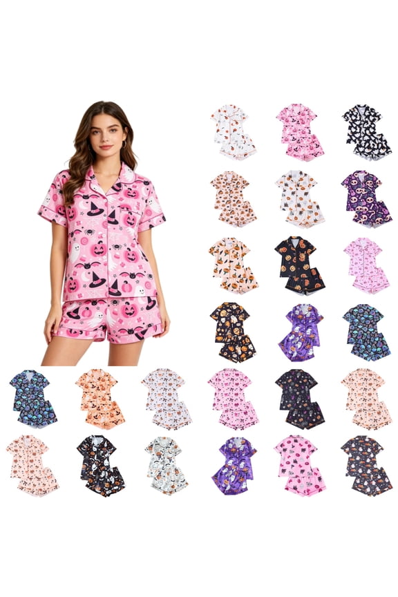 Halloween Pjs Women Satin Pajamas Sets Ghost Pumpkin Print Loungewear Button Up Short Sleeve Sleepwear 2 Piece Silk Pjs Shorts Set