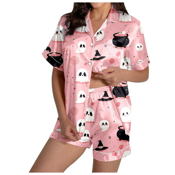 Halloween Pjs Women Two Piece Satin Pajama Set Pumpkin Ghost Printed Womens Shorts Pajama Set Button Up Loungewear For Women Womens Pjs Sets