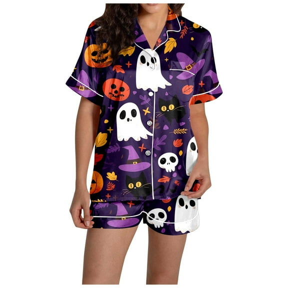 Halloween Pjs Women Two Piece Silk Pijamas Women Set Bat Skeleton Printed Button Down Womens Pajamas Shorts Set Lounge Sets Halloween Womens Pajamas