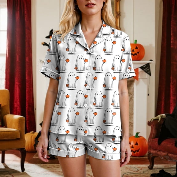 Halloween Pjs Women Two Piece Silk Pjs Women Halloween Button Down Pajamas Women Short Sets Lounge Sets Pajamas For Women Set Pants