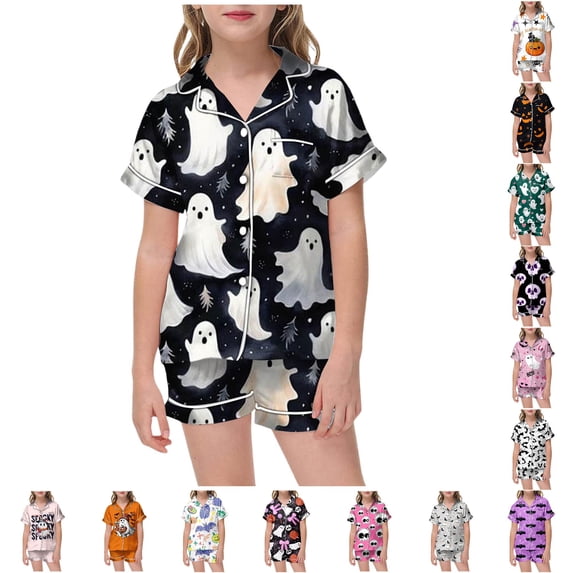 Halloween Pjs for Girls 2Pcs Soft Breathable Silky Pajamas Short Sleeve Button-Down Top and Shorts Set