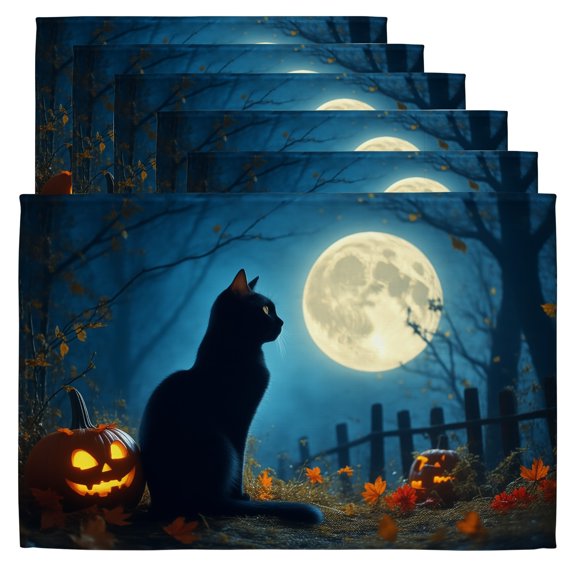Halloween Place Mats A black cat sitting next to a jack-o-lantern in front of a full moon. Dining Mats Set of 6 12 x 18 Inch Holiday Decorations