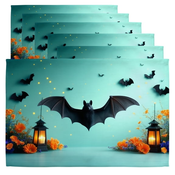 Halloween Place Mats A group of bats flying over a table with lanterns and flowers. Kitchen Table Mats Set of 6 12x18 Inch Table Setting Decor