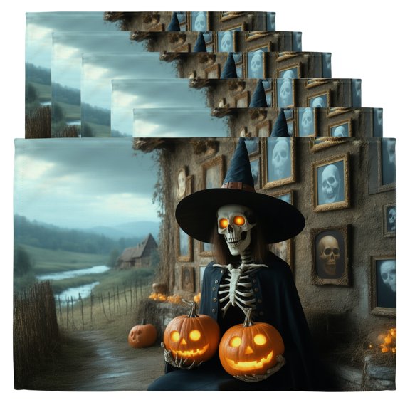 Halloween Place Mats A skeleton dressed as a witch holding two carved pumpkins. 6 Pack Placemats 12x18" Fabric Place Mats