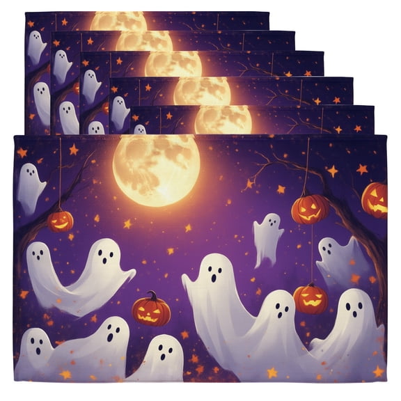 Halloween Place Mats A group of ghosts and pumpkins hanging from a tree in front of a full moon. Farmhouse Placemats Set of 6 12x18" Dining Table Mats
