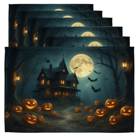 Halloween Place Mats A group of jack-o-lanterns in front of a haunted house at night. Table Mats Set of 6 Washable 12" x 18" Machine Washable Placemats