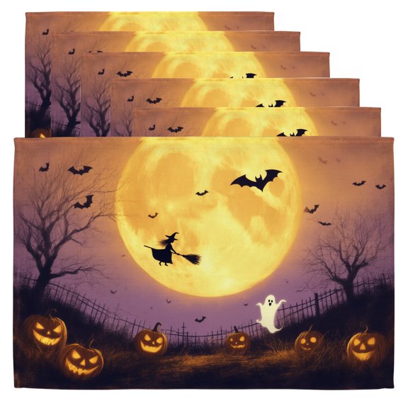 Halloween Placemat A witch flying on a broom in front of a full moon. Place Mats Indoor Set of 6 12x18" Placemats for Party