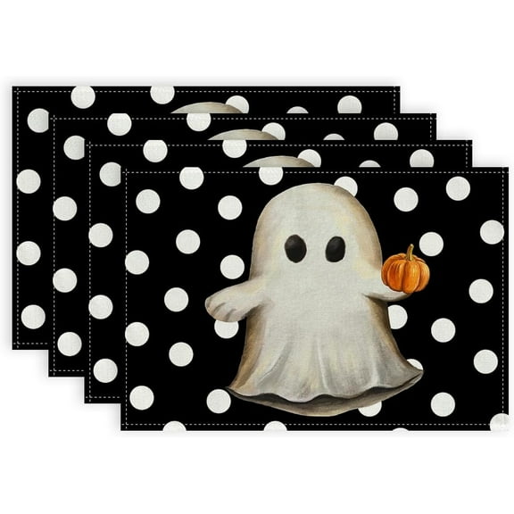 Halloween Placemats 12x18 Inches Set of 4, Spooky Ghost Pumpkin Holiday Decor Burlap Polka Dots Farmhouse Indoor Kitchen Dining Table Mat Decorations for Home Party