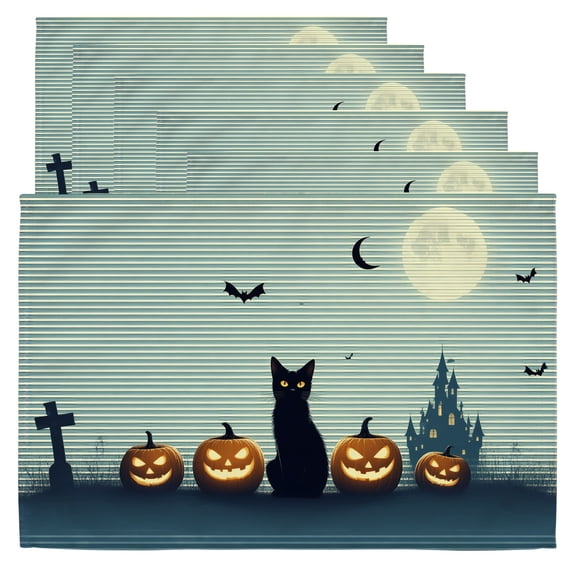 Halloween Placemats A black cat sitting in front of a row of pumpkins. Rectangle Placemats Set of 6 12" x 18" Kitchen Halloween