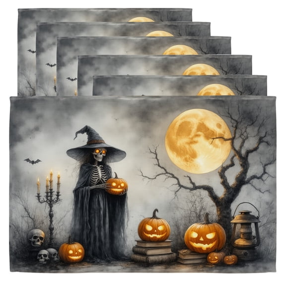 Halloween Placemats A painting of a skeleton holding a pumpkin in front of a full moon. Table Mats Set of 6 12x18 In Table Place Mats