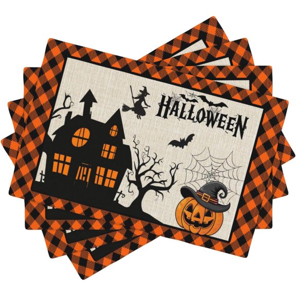 Halloween Placemats Cartoon Retro Funny Horror Castle Spider Web Magic Witch Pumpkin Bat Pumpkin Placemats Table Kitchen Dining Party 12x18 Inch Set of 4