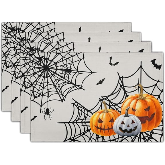 Halloween Placemats, Colorful Spooky Pumpkins Spider Web Bats Linen Place Table Mats Washable Stain Resistant for Kitchen Dining Party Holiday Tabletop Decor, Set of 4, 12x18 Inches